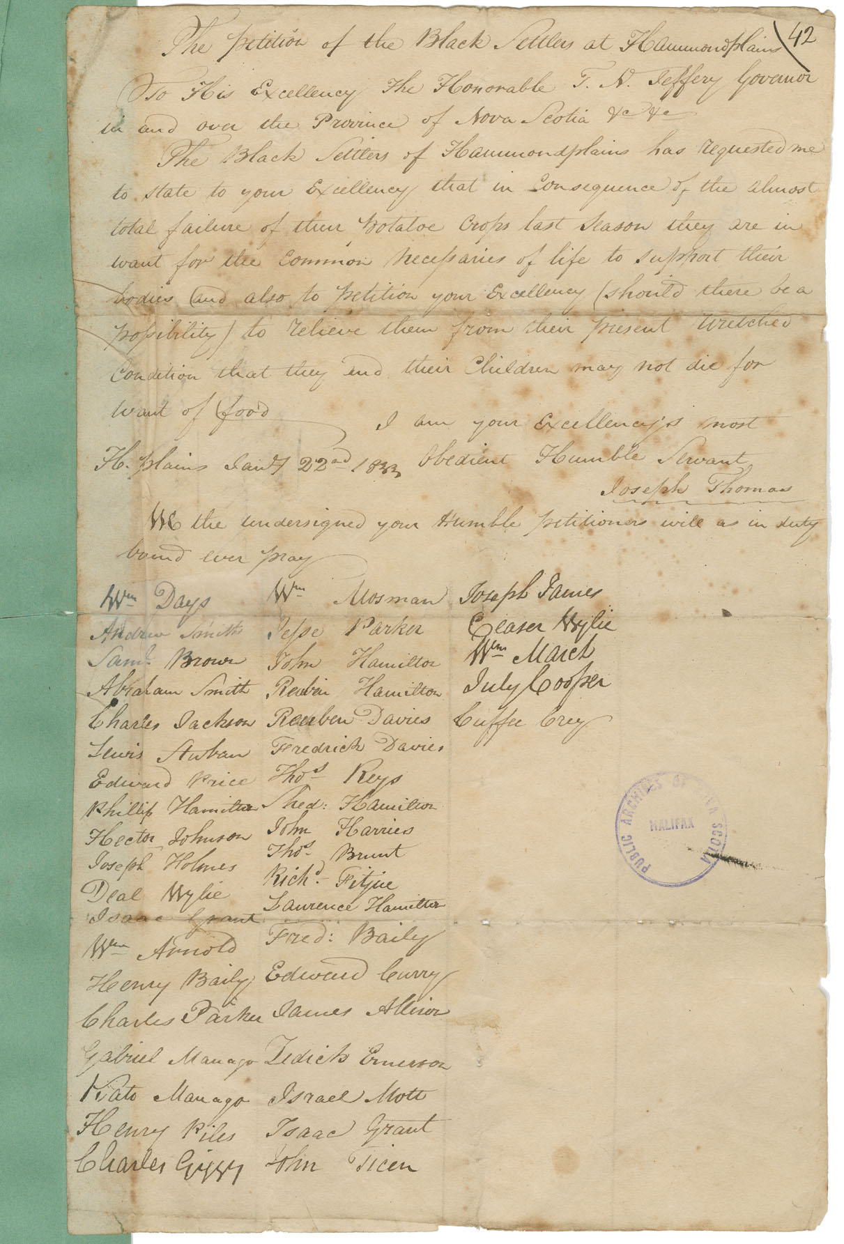 african-heritage : Petition from Black settlers at Hammonds Plains to Thomas N. Jeffery, Collector of Customs, praying for relief, as they are in a state of de