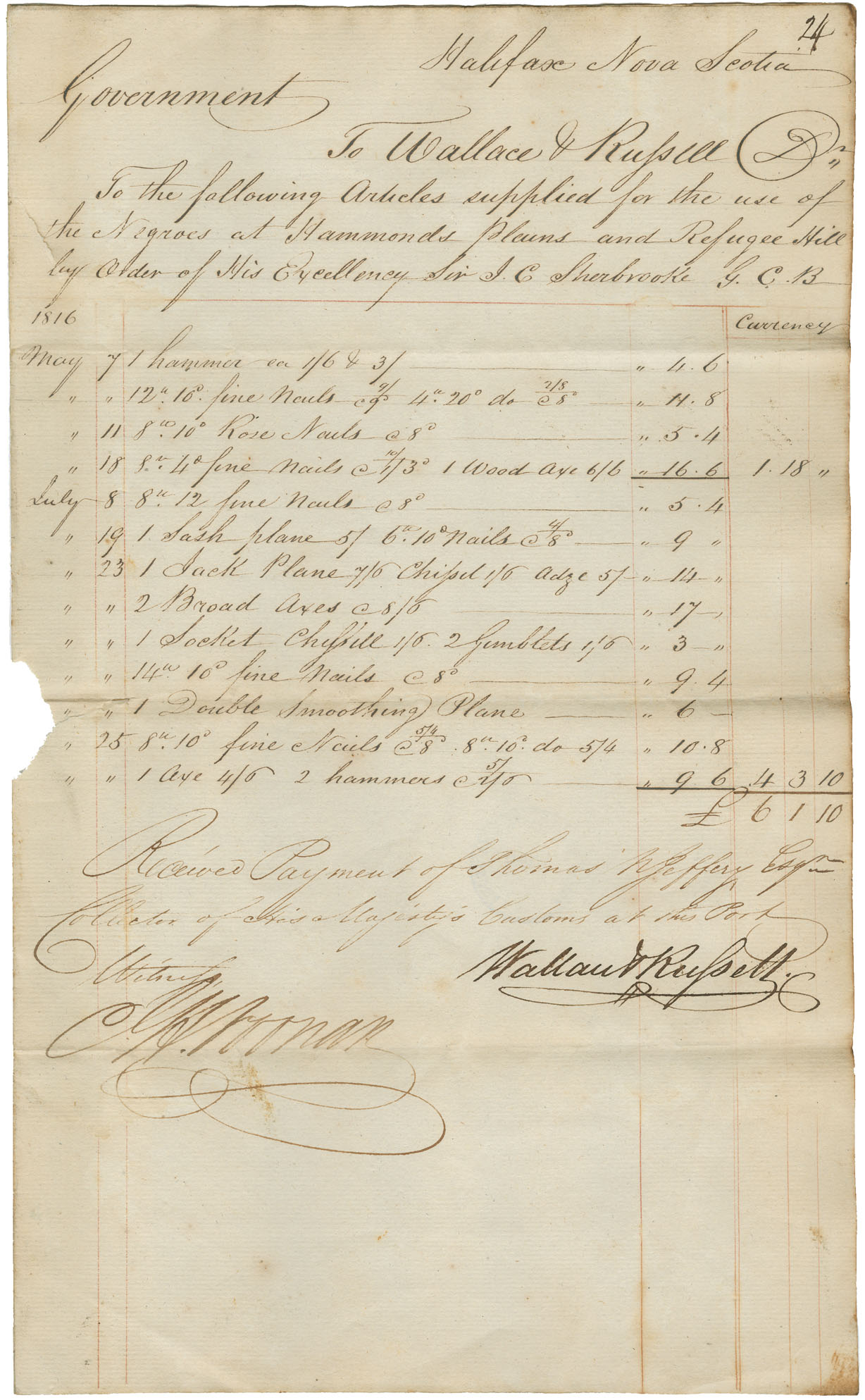 african-heritage : Accounts against Government for supplies for Black Refugees during the year 1816, with the following suppliers: John H. Noonan, Lewis DeMoli