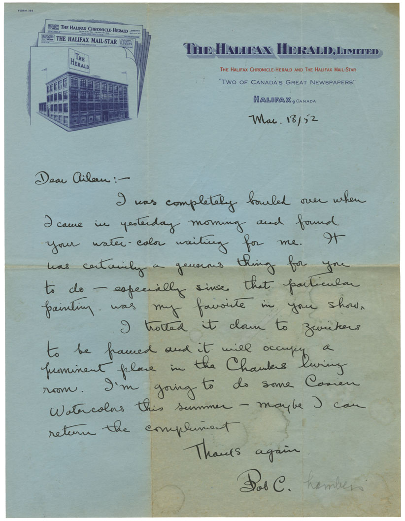 meagher : Letter from Bob Chambers to Aileen Meagher thanking her for her gift of a water-colour.