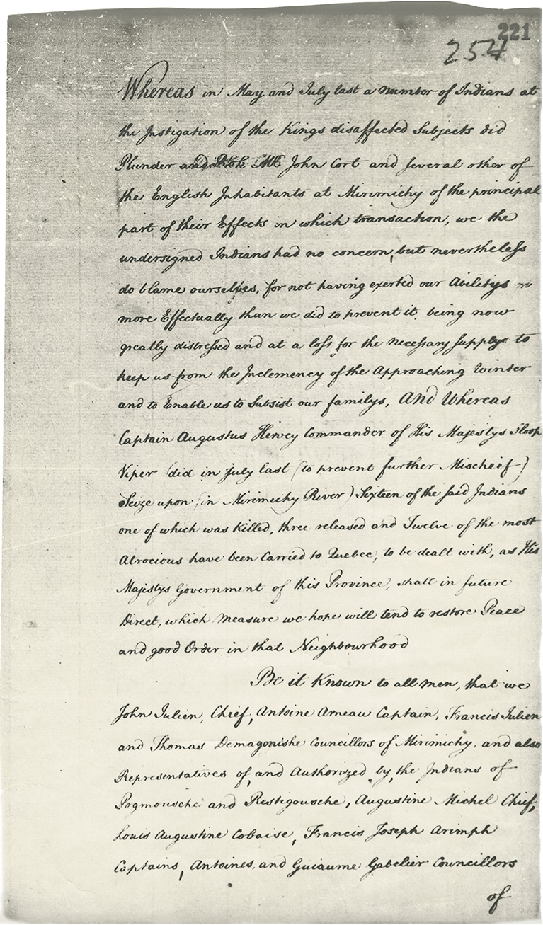 mikmaq : Copy of Treaty of 1779 signed at Windsor between John Julien, Chief and Michael Francklin, representing the Government of Nova Scotia.