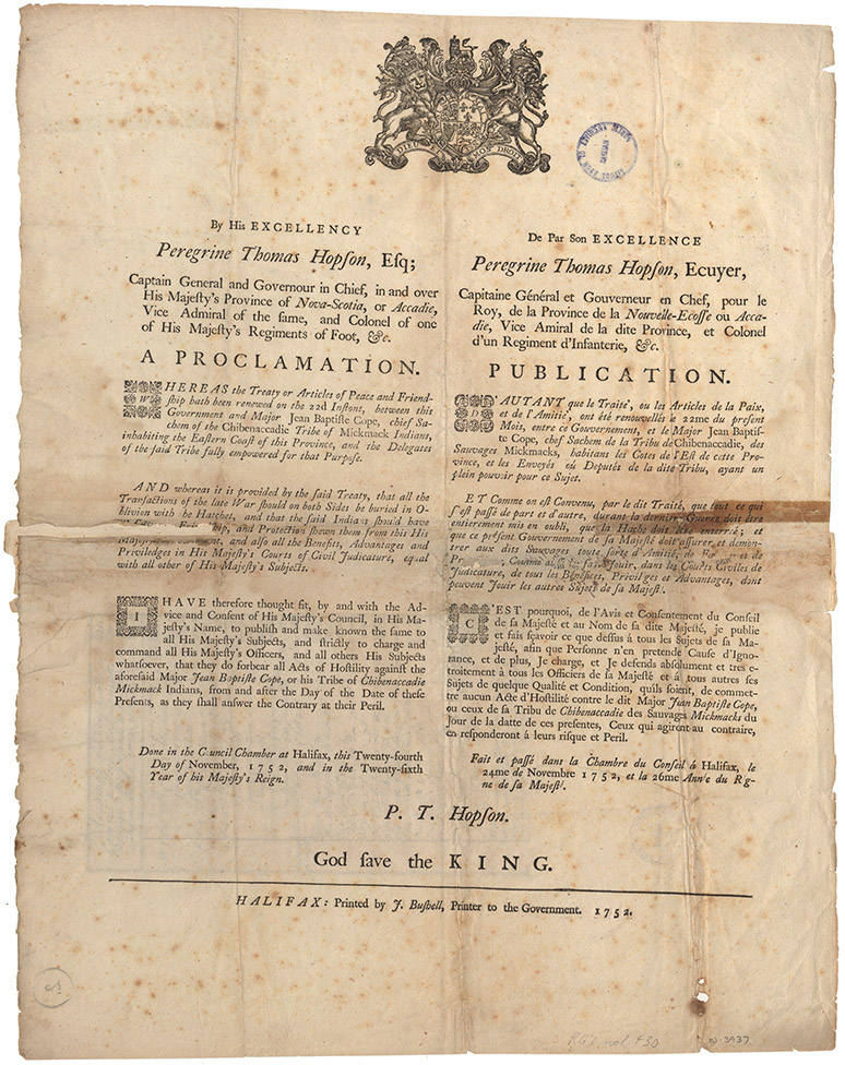 mikmaq : Printed Proclamation of the 1752 Treaty