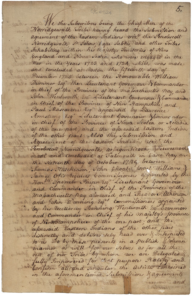 mikmaq : True Copy of the 1754 Ratification by the Norridgewolk of the Treaty of 1725