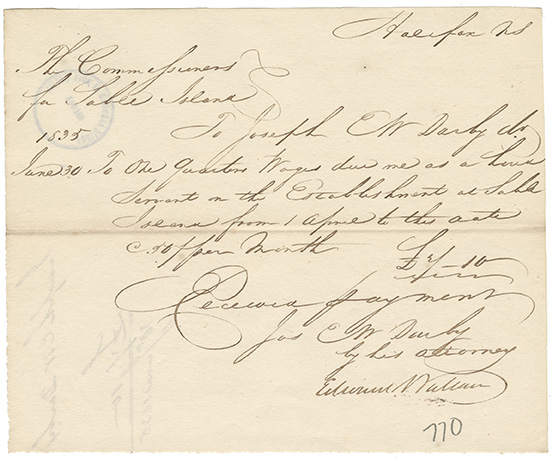 sable : Joseph Darby receipt for one quarters wages earned as a hired servant at the Establishment on Sable Island