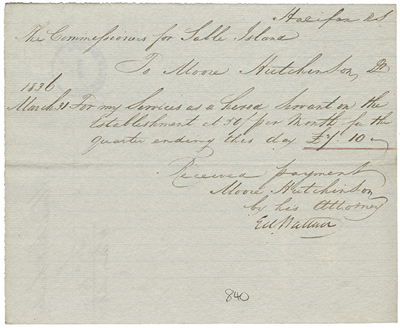 sable : Moore Hutchinson receipt for wages earned as a hired servant for the Establishment on Sable Island