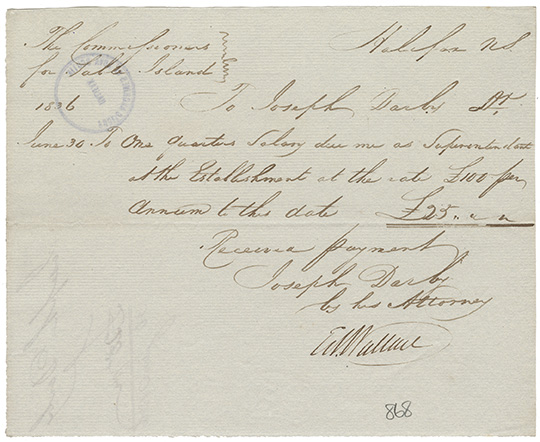 sable : Joseph Darby receipt for one quarters wages earned as Superintendent for the Establishment on Sable Island