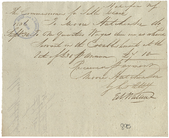 sable : Moore Hutchinson receipt for one quarters wages earned as a hired servant on the Establishment at Sable Island
