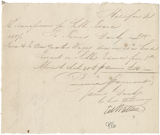 sable : James Darby receipt for one quarters wages earned as a hired servant on Sable Island