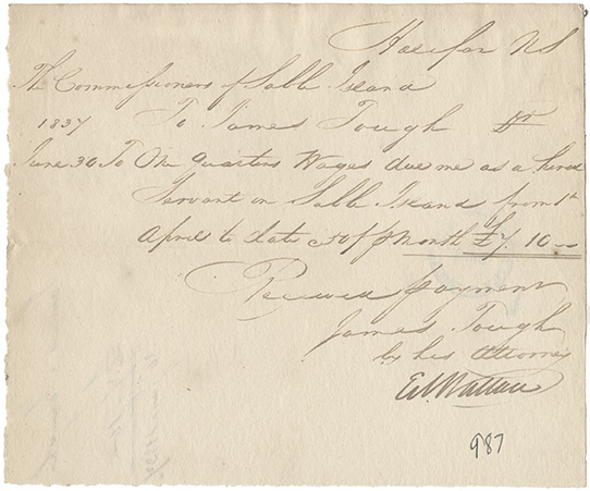 sable : James Tough receipt for one quarters wages earned as a hired servant on Sable Island