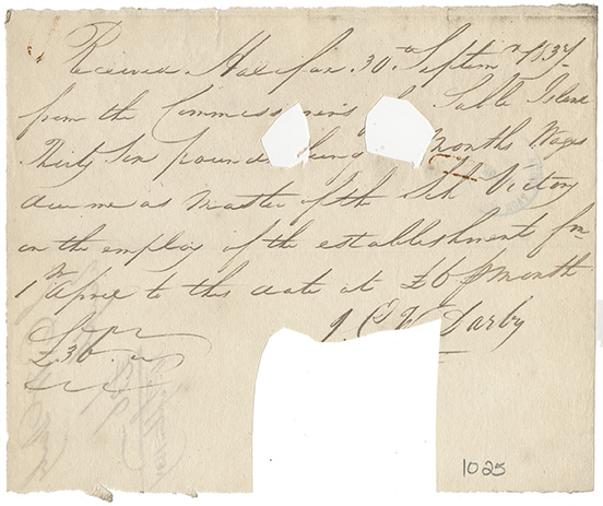 sable : J. E. W. Darby receipt for wages earned as Master on the Schooner Victory</i>