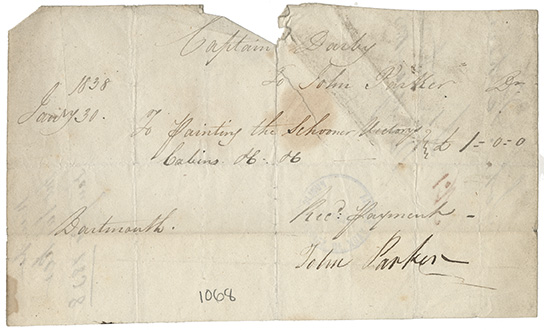 sable : John Parker receipt for painting the Schooner Victory</i>