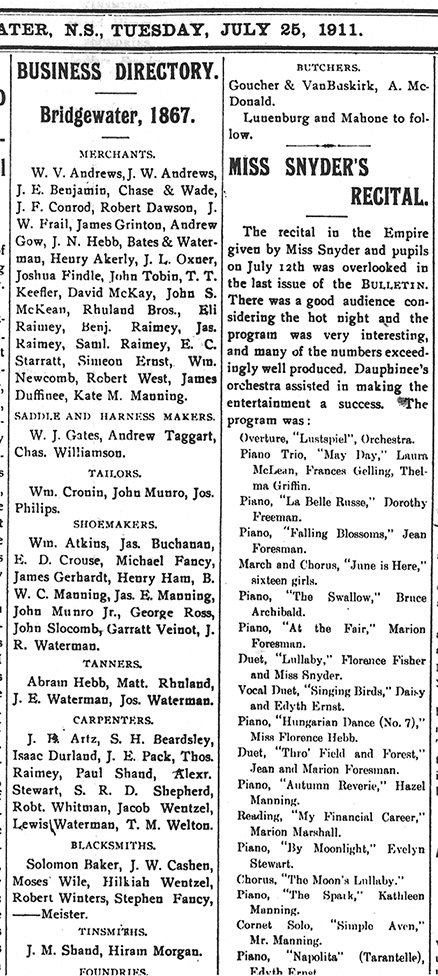 communityalbums - Newspaper Advertisement, Bridgewater Bulletin re businesses in 1867