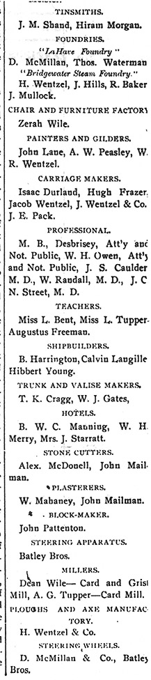 Newspaper Advertisement, Bridgewater Bulletin re businesses in 1867
