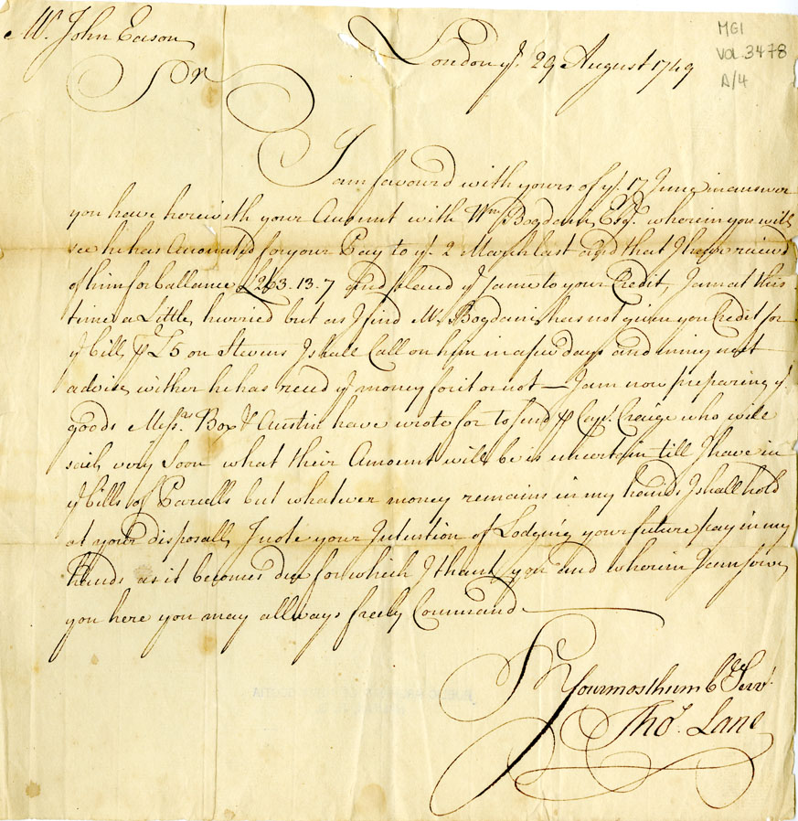 Easson : Letter, Thomas Lane, London, to John Easson