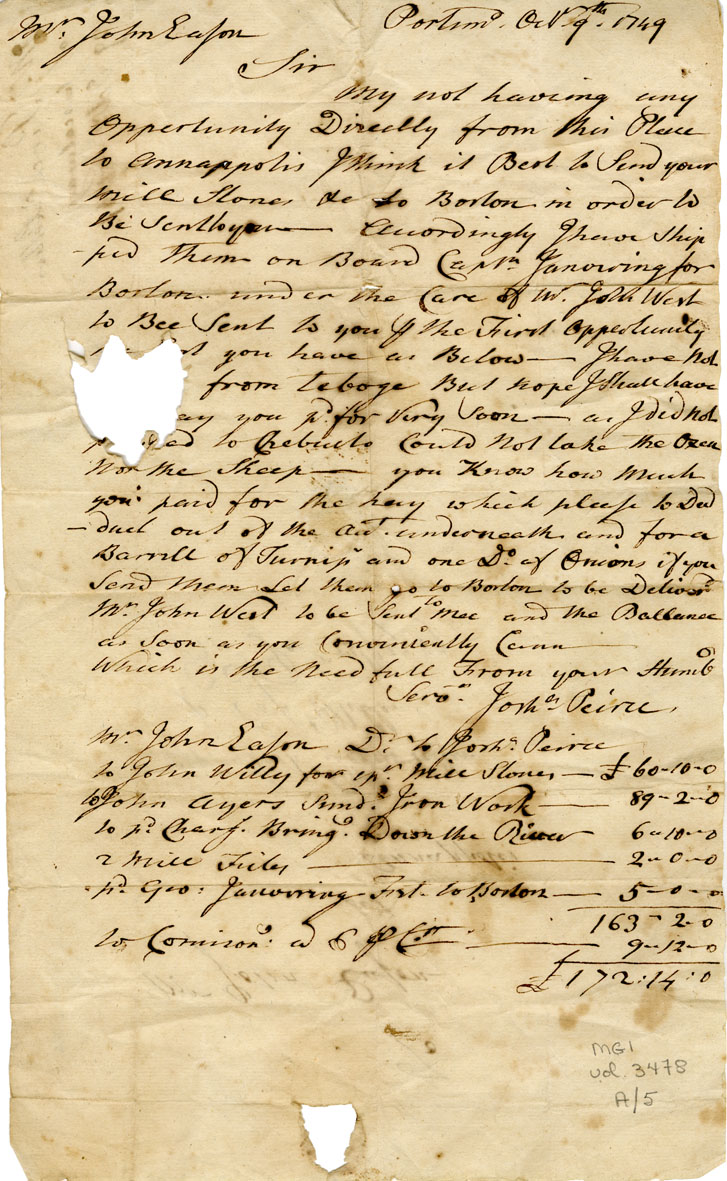 Easson : Letter, Joshua Peirce, Portsmouth, to John Easson