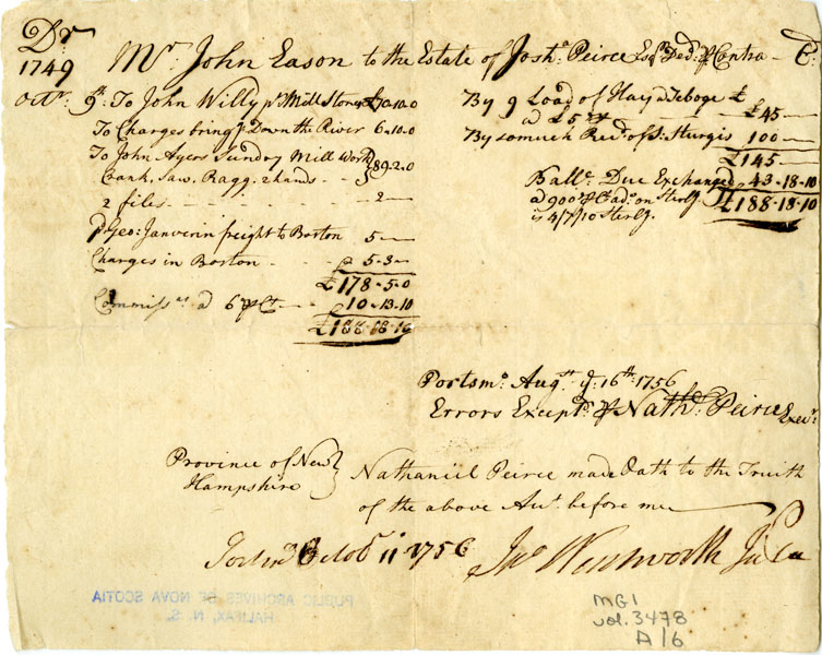 Easson : Account, John Easson with the Estate of Joshua Peirce, Esq.