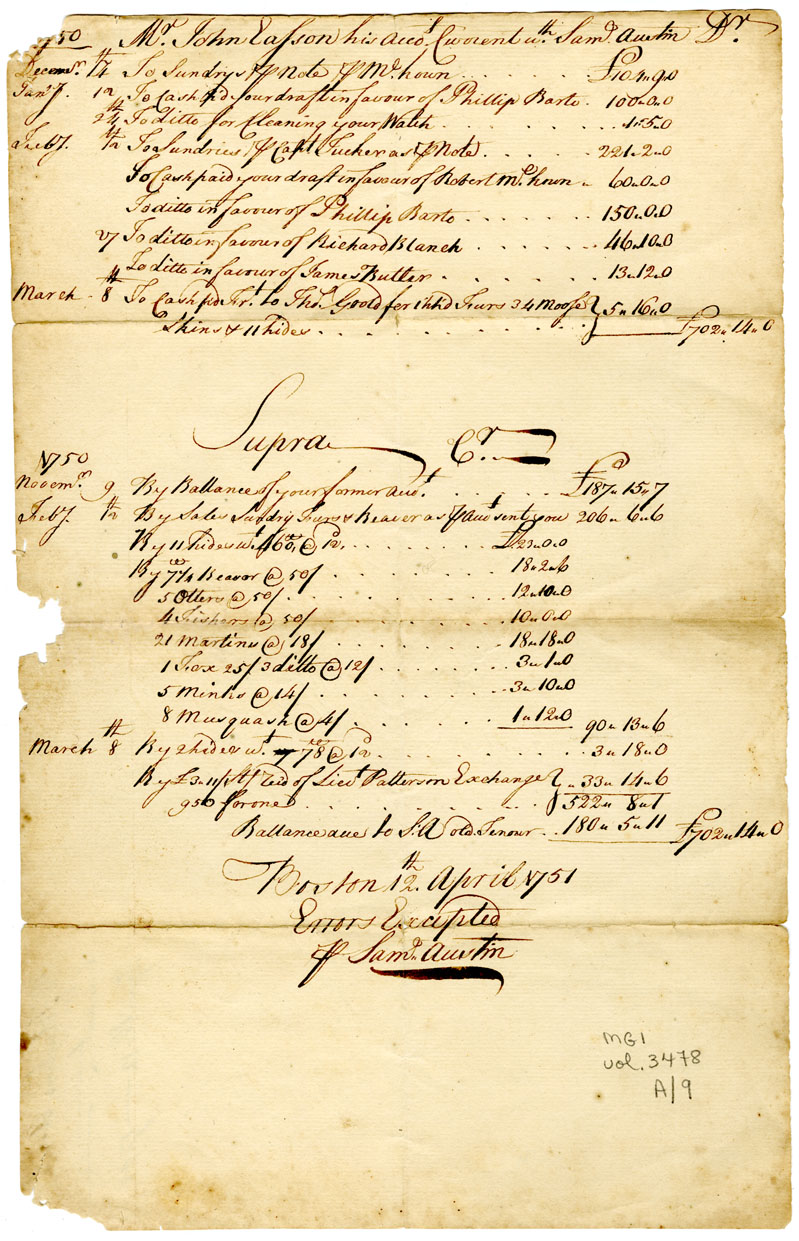 Easson : Account, John Easson with Samuel Austin, Boston