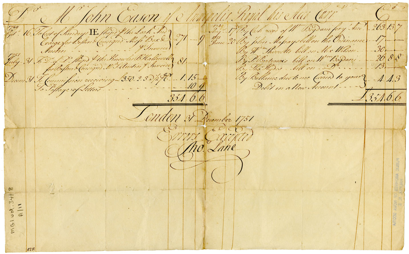 Easson : Account, John Easson, Annapolis Royal, with Thomas Lane, London