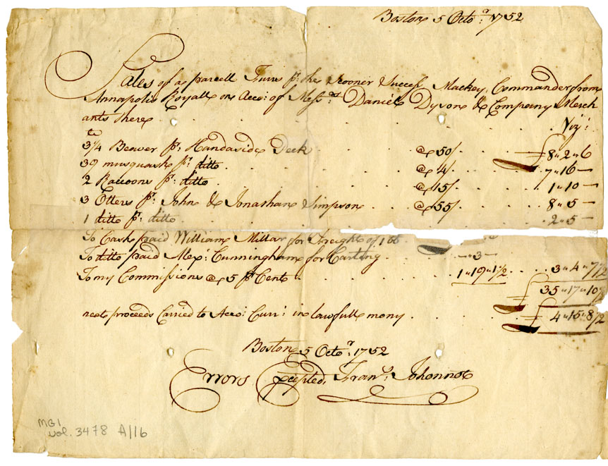 Easson : Account, Francis Johannot, Boston, with Daniel Dyson & Company, Annapolis Royal