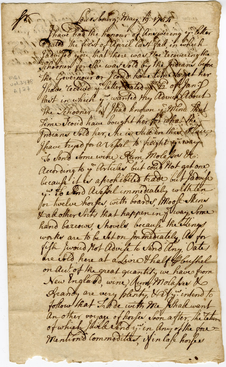 Easson : Letter from A. Castaing, Louisbourg