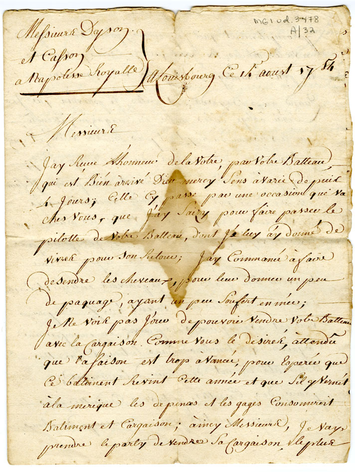 Easson : Letter, A. Castaing, Louisbourg, to Messrs. Dyson and Easson, Annapolis Royal