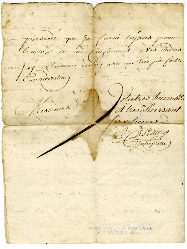 Easson : Letter, A. Castaing, Louisbourg, to Messrs. Dyson and Easson, Annapolis Royal