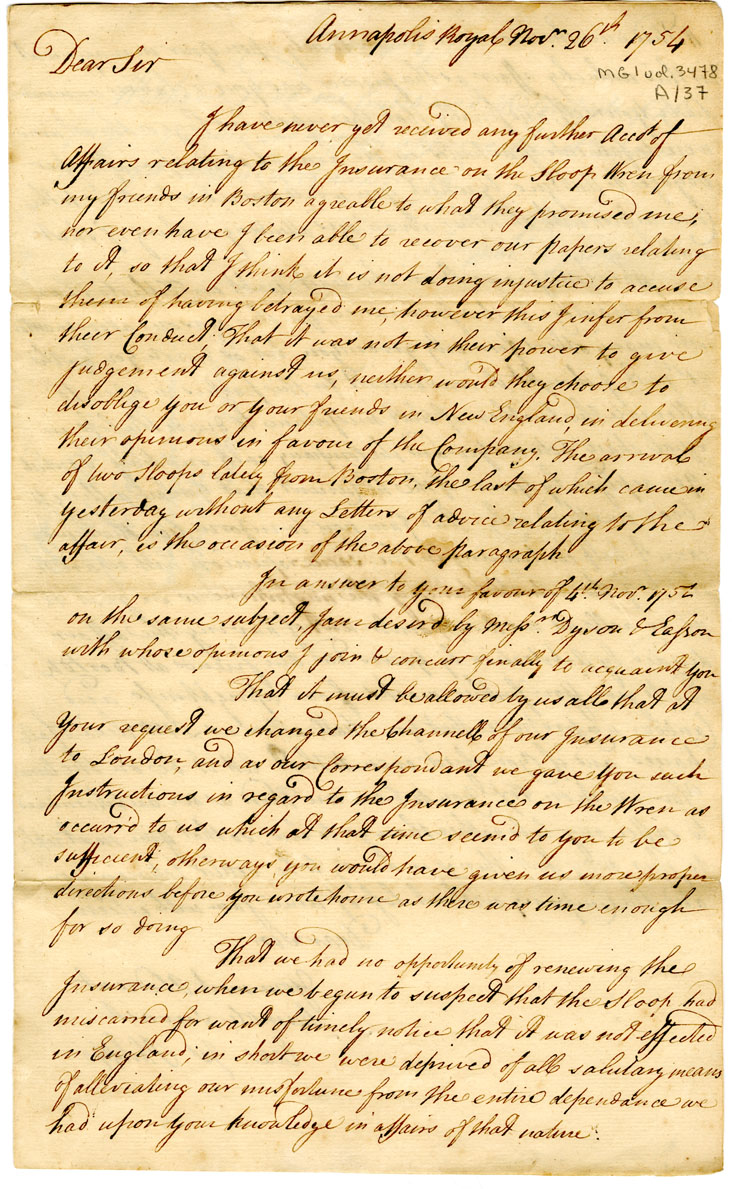 Easson : Letter, Major Erasmus J. Philipps, Annapolis Royal, to Joshua Mauger