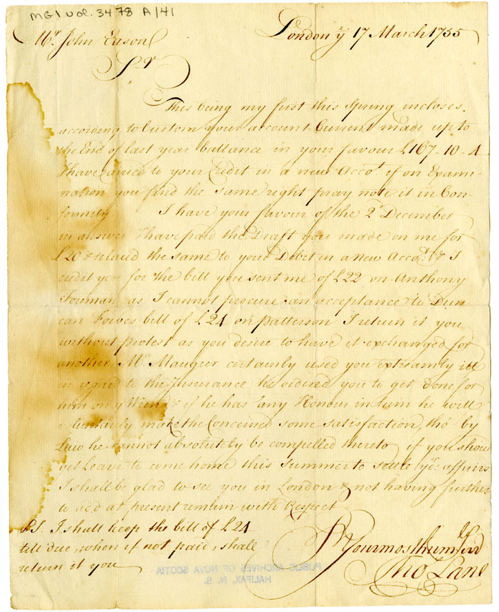 Easson : Letter, Thomas Lane, London, to John Easson