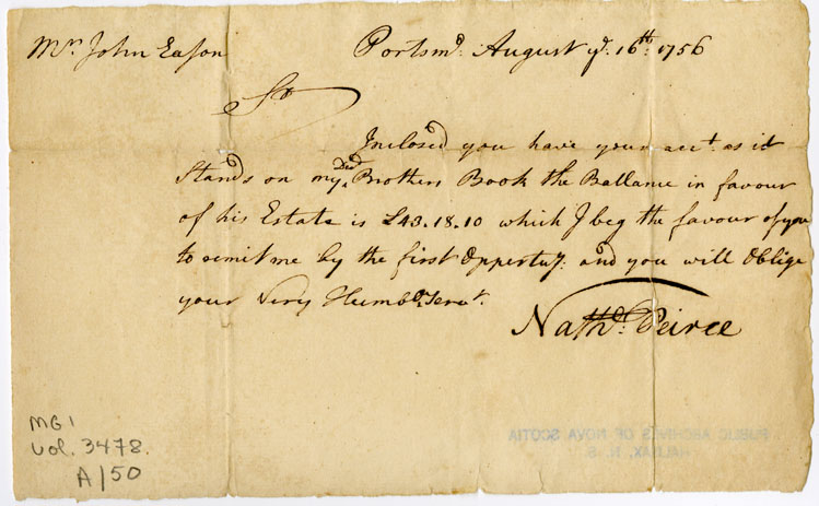 Easson : Letter, Nathaniel Peirce, Portsmouth to John Easson