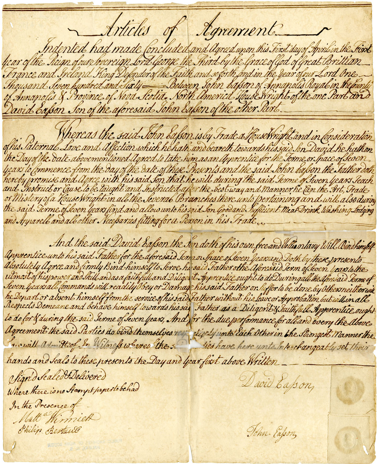 Easson : Articles of Apprenticeship Between John Easson, House Wright, and his Son David