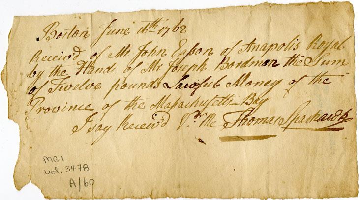 Easson : Receipt, Thomas Sparhawk, Boston to John Easson, Annapolis Royal