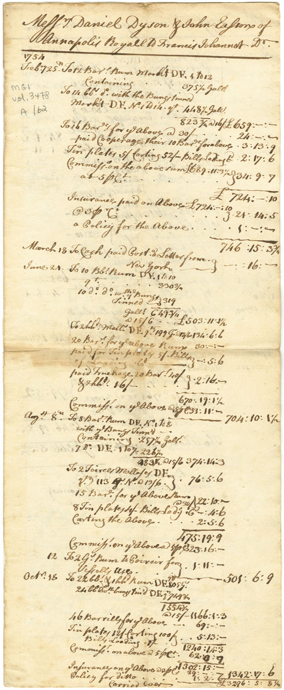 Easson : Statement of Account, Francis Johannot, Boston, with the Late company of Daniel Dyson and John Easson