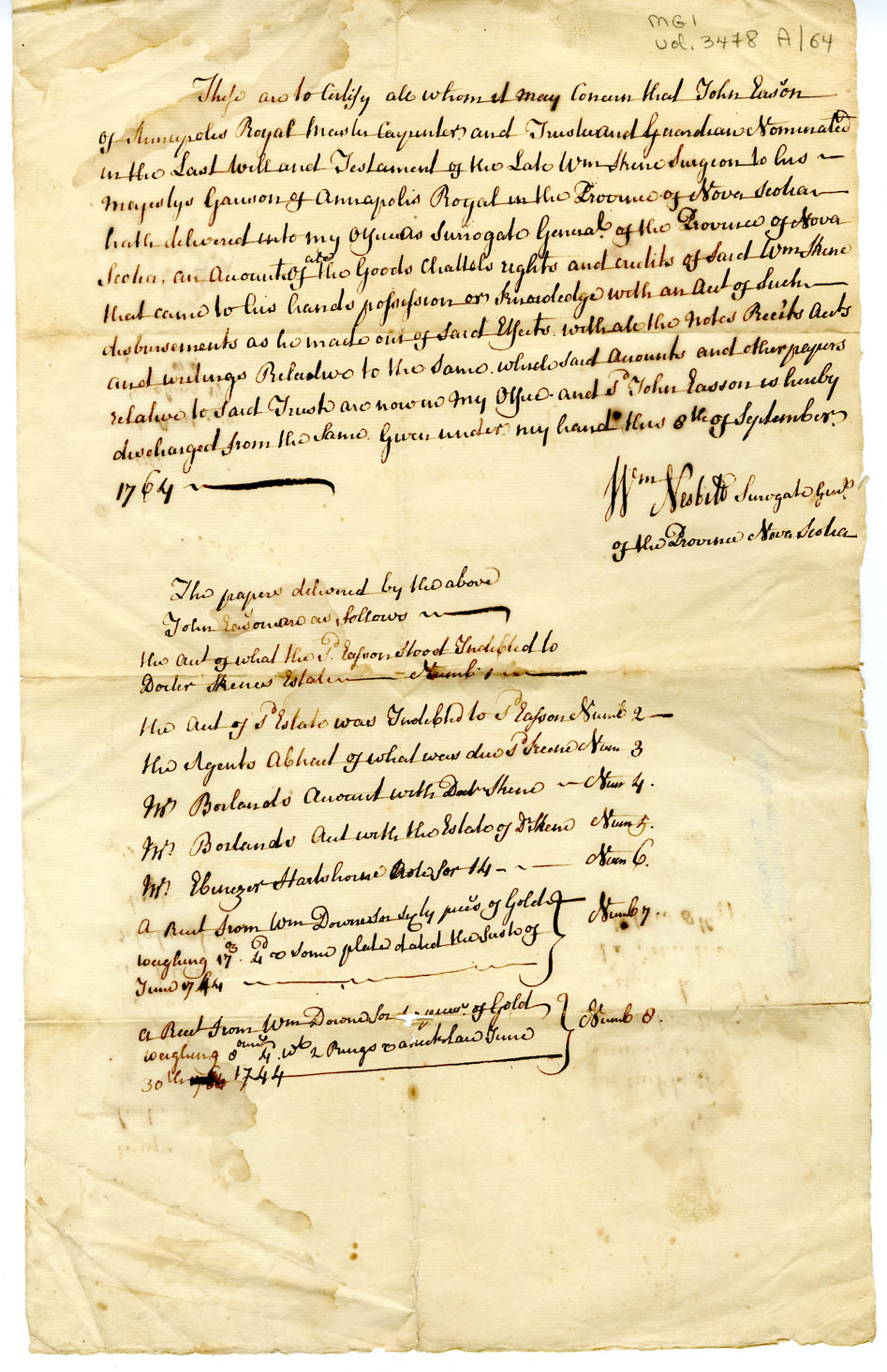 Easson : Discharge, William Nesbitt, Surrogate General, Nova Scotia, to John Easson