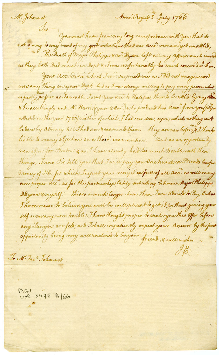 Easson : Copy of letter, John Easson to Francis Johonnot