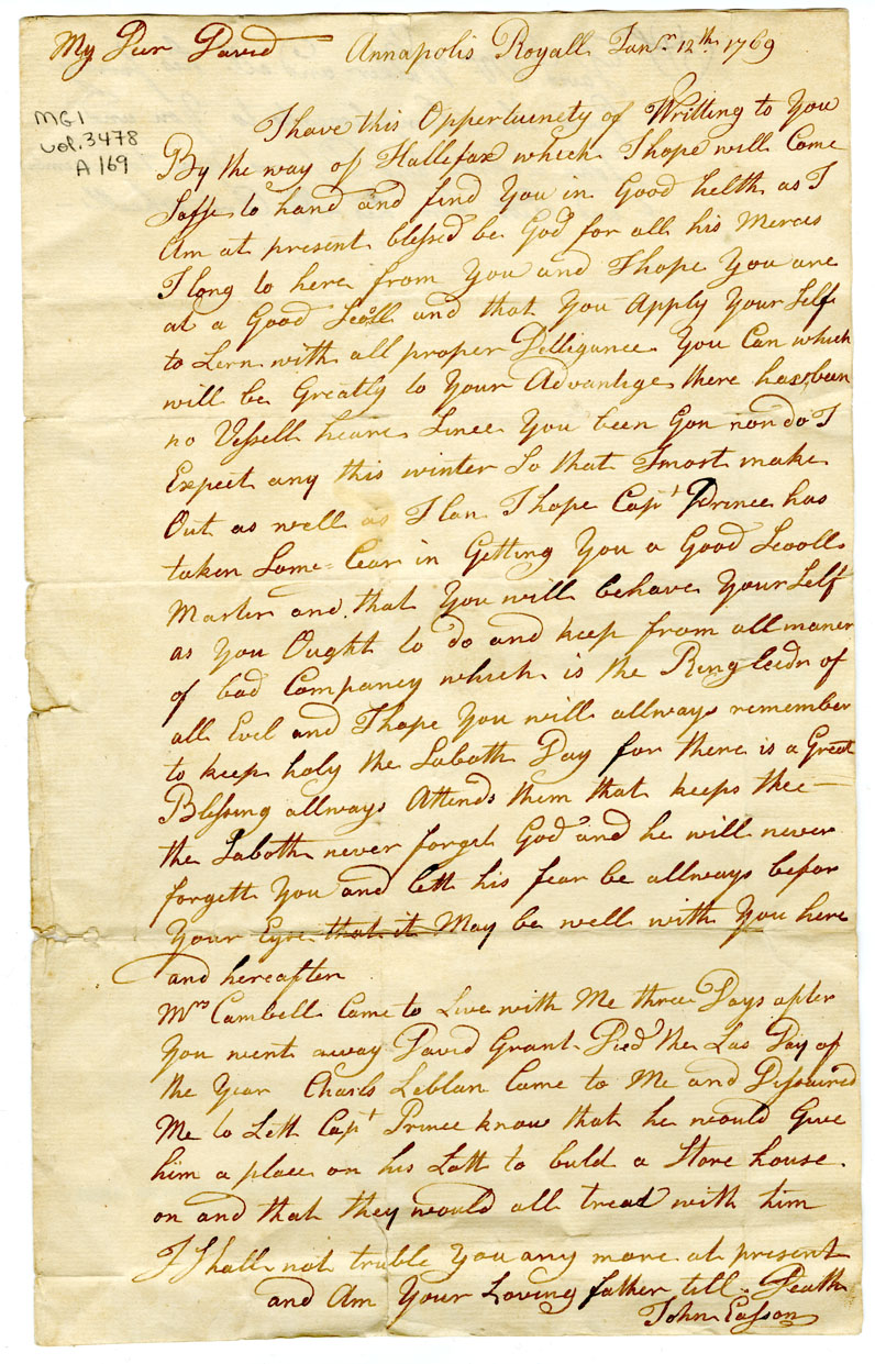 Easson : Letter, John Easson, Annapolis Royal, to David Easson