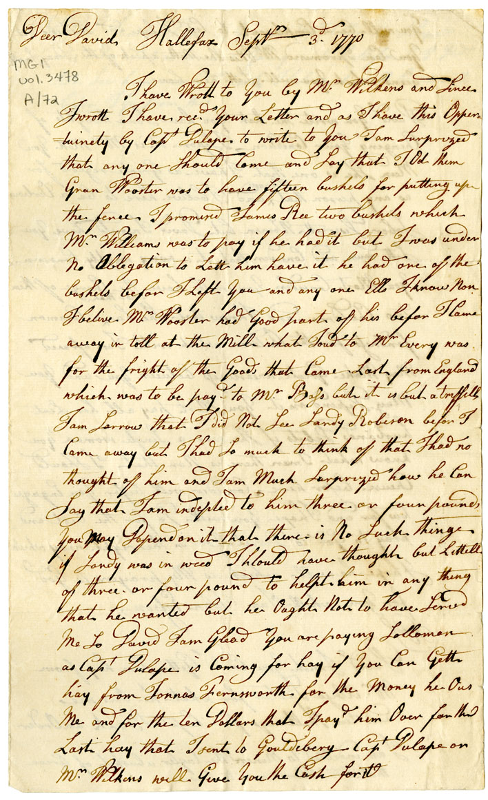 Easson : Letter, John Easson, Halifax, to David Easson