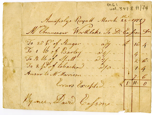 Easson : Statement of Account, Ebenezer Worthylake