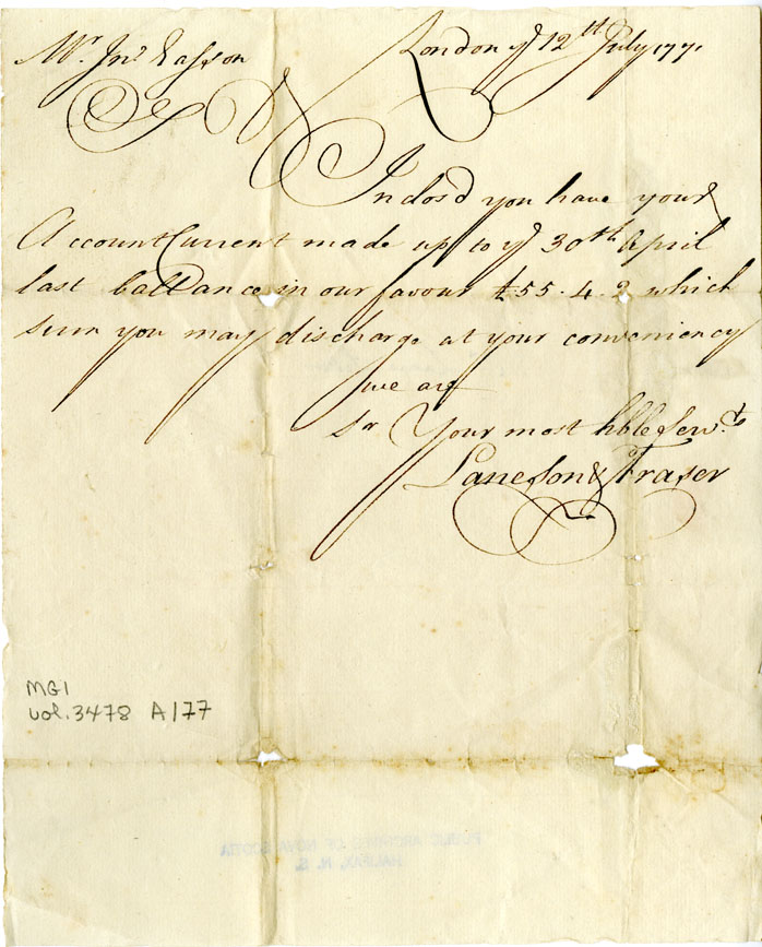 Easson : Letter, Lane Son & Fraser, London, to John Easson