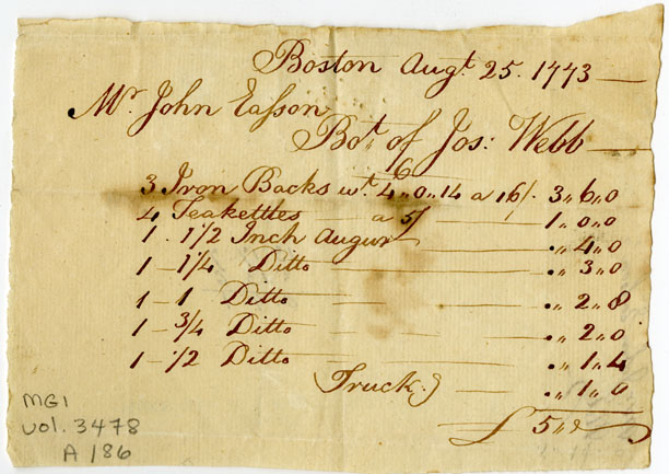 Easson : Invoice, Joseph Webb, Boston, to John Easson