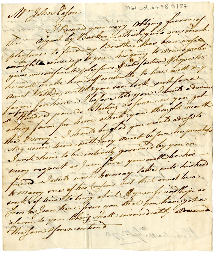 Easson : Letter, William Saunders, Placentia, to John Easson