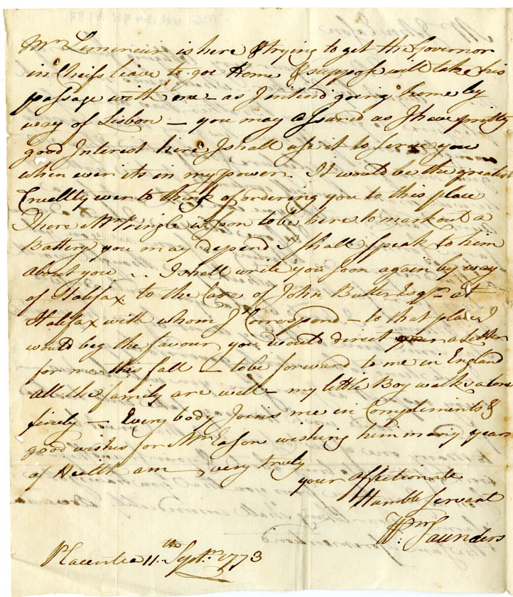 Easson : Letter, William Saunders, Placentia, to John Easson