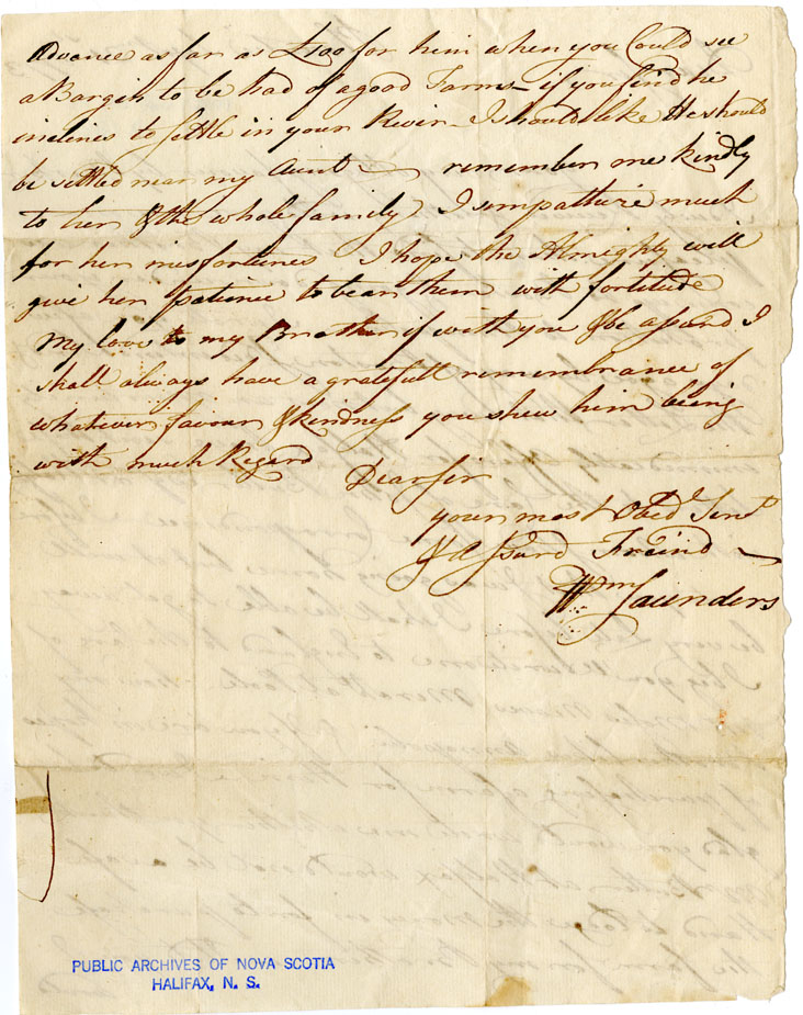 Easson : Letter, William Saunders, Placentia, to John Easson