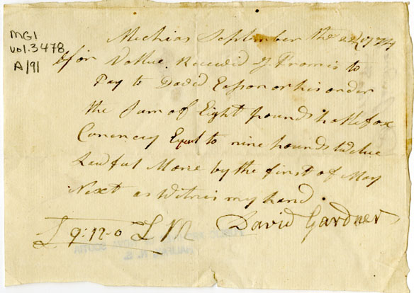 Easson : Promissory Note, David Gardner, Machias, to David Easson