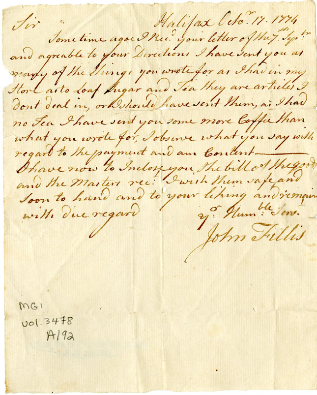 Easson : Letter, John Fillis, Halifax