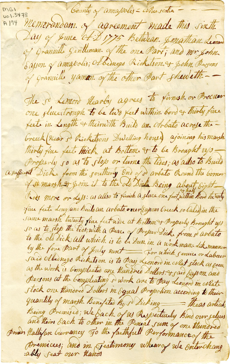 Easson : Memorandum of Agreement between Jonathan Leonard, Granville, and John Easson, Abednego Ricketson, and John Persons, all of An