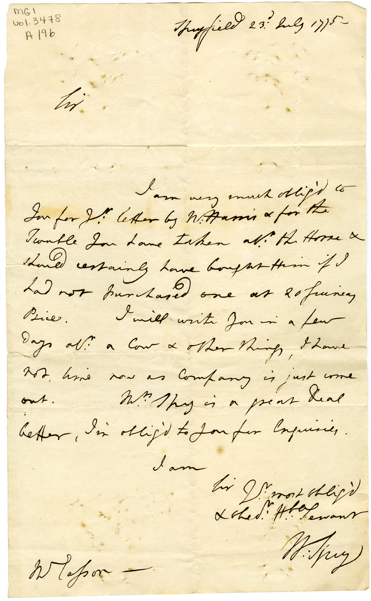 Easson : Letter from W. Spry, Spryfield, to David Easson