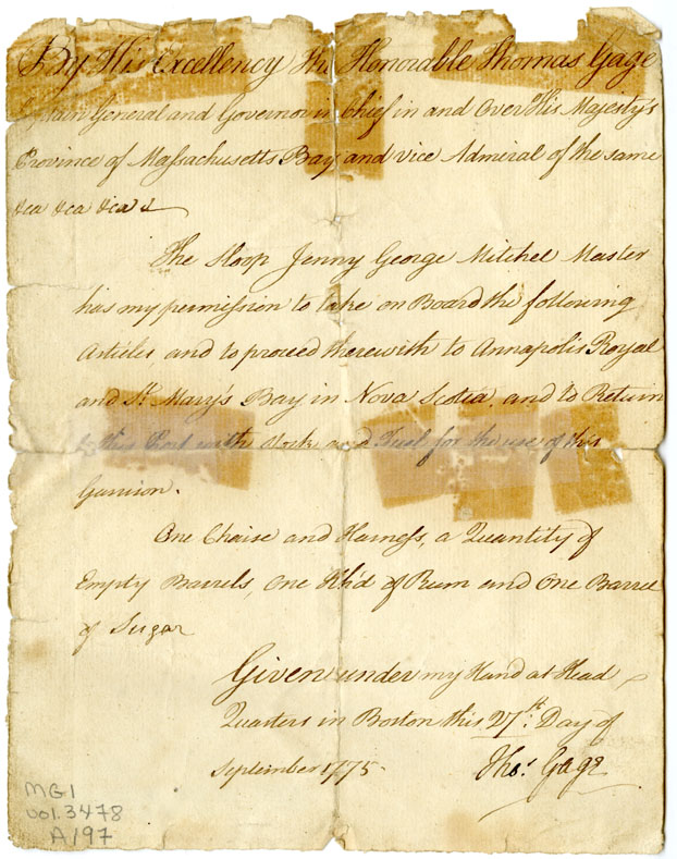 Easson : Letter of Permission, General Sir Thomas Gage, Boston