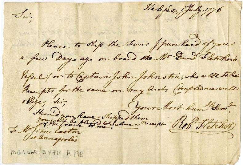 Easson : Letter, Robert Fletcher, Halifax, to John Easton