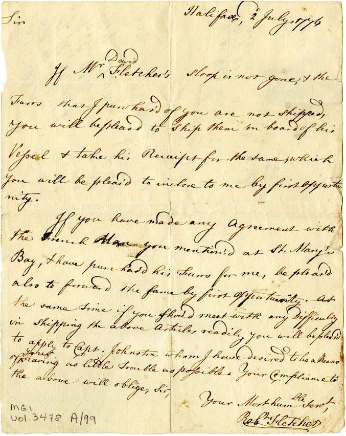 Easson : Letter, Robert Fletcher, Halifax to John Easson