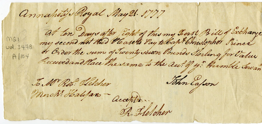 Easson : Bill of exchange, John Easson in favour of Captain Christopher Prince