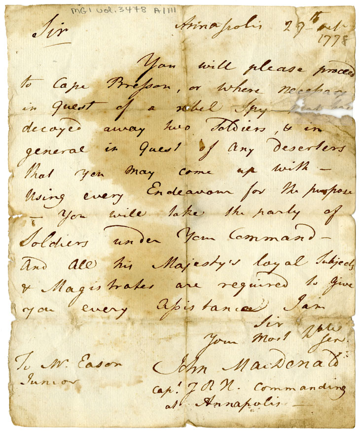 Easson : Letter, Captain John MacDonald, to Mr. Easson, Junior